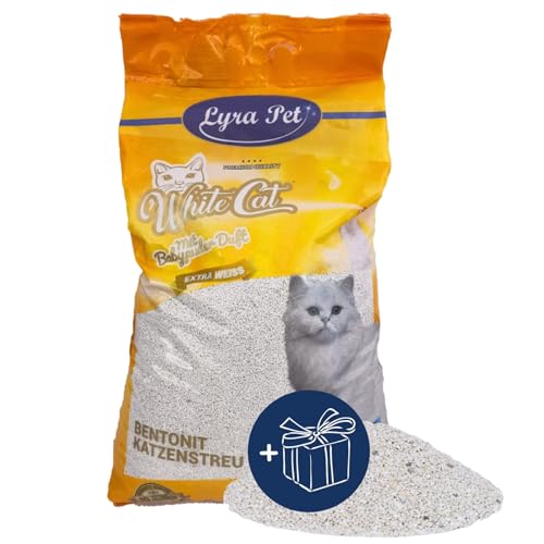 Lyra Pet® | 15 Liter White Cat Katzenstreu + Geschenk | Mit Babypuder Duft | Feines Klumpstreu | 350% Saugkraft | Naturprodukt aus Bentonit | Saubere Wohnung | Neutralisiert Gerüche | Staubarm von White Cat