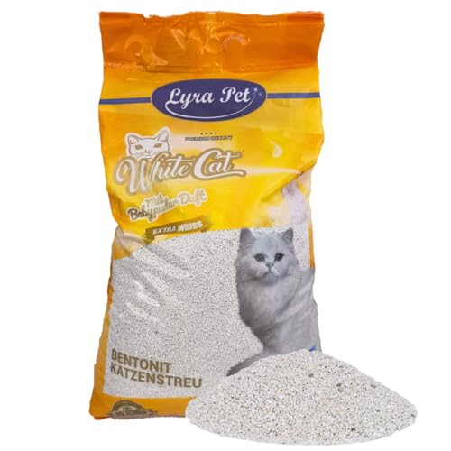 Lyra Pet® | 15 Liter White Cat Katzenstreu | Mit Babypuder Duft | Feines Klumpstreu | 350% Saugkraft | Naturprodukt aus Bentonit | Stark Klumpend | Saubere Wohnung | Neutralisiert Gerüche | Staubarm von White Cat