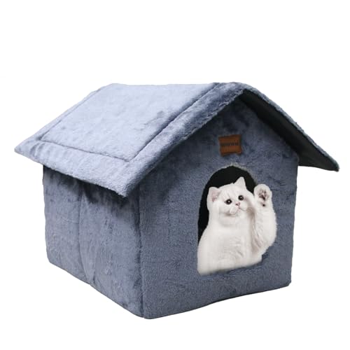 Whiwhi Plüsch Katzenhaus Katzenhöhlenbett mit Flauschiges Katzenkissen Tragbare Katzenhütte mit Rutschfestem Boden Warmes Und Gemütliches Haustierhütte 35x30x35cm Marineblau von Whiwhi