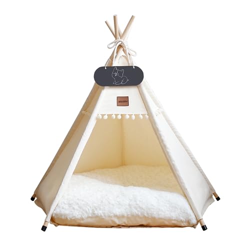 Whiwhi Tipi Zelt für Haustiere Hundezelt Katzenzelt mit Kissen Waschbar Haustierzelte Häuser Hundehöhle und Haustierhäuser Wegklappen Haustier Zelt Möbel 50x50x60cm von Whiwhi