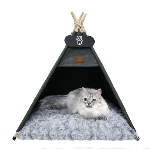 Whiwhi Tipi Zelt für Haustiere Katzenzelt mit Doppelseitiger Plüsch Matte Luxery Hundezelte Hundehöhle Abnehmbar und Waschbar Haustierhäuser 60x60x70cm von Whiwhi