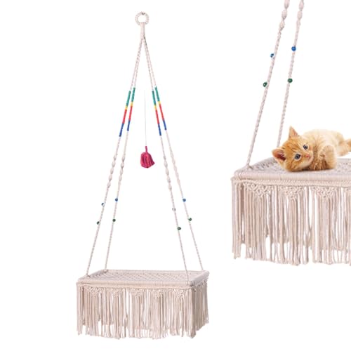 Whnbuij Boho Katzenschaukel Bett - Wandmontage Boho Schaukel Hängematte für Katze - Handgewebte Quaste Korb Schaukel Nest für Indoor Kleine Katzen Kätzchen von Whnbuij