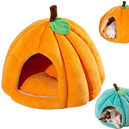 Kürbis Katzenbett, Halloween Katzenbett, Kürbisform Katzenhöhle Bett, Dampproof Katzenbetten für Innenkatzen, Katzenzelt Mit Abnehmbarem Kissen, Warme Höhle für Katzen Kleine Hunde (Orange, L) von Whnnssw