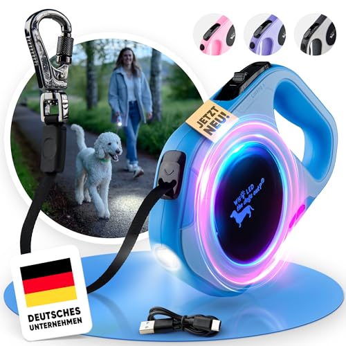 Hundeleine für große & kleine Hunde [Laufleine mit LED] - Leichtgewichtige 5m Lange verstellbare Leine ideal für Spaziergänge und Training - Dog Leash, Rollleine, Langlaufleine mittlere Hunde von Who LED the dogs out?