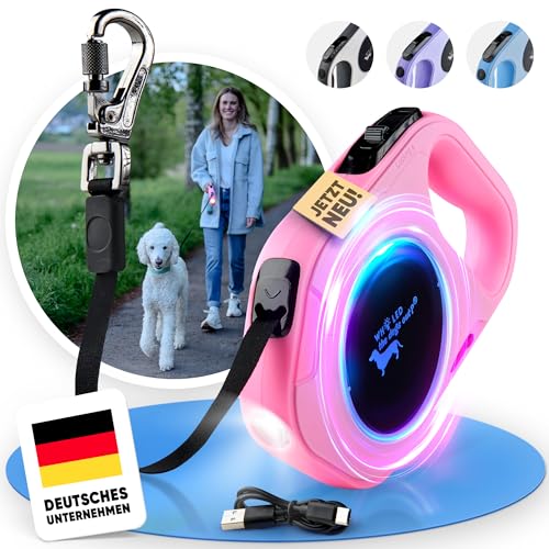 Hundeleine für große & kleine Hunde [Laufleine mit LED] - Leichtgewichtige 5m lange verstellbare Leine ideal für Spaziergänge und Training - Dog Leash, Rollleine, Langlaufleine mittlere Hunde von Who LED the dogs out?