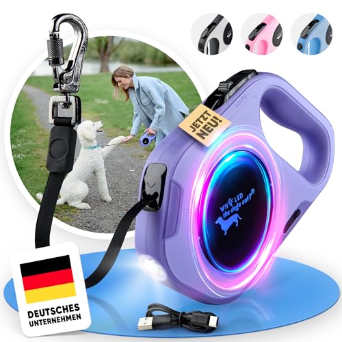 Hundeleine für große & kleine Hunde [Laufleine mit LED] - Leichtgewichtige 5m lange verstellbare Leine ideal für Spaziergänge und Training - Dog Leash, Rollleine, Langlaufleine mittlere Hunde von Who LED the dogs out?