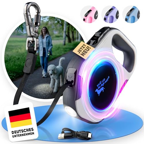 Hundeleine für große mittlere & kleine Hunde [Laufleine mit LED] - leichtgewichtige 5m lange verstellbare Leine ideal für Spaziergänge und Training - Dog Leash, Rollleine, Langlaufleine mittlere Hunde von Who LED the dogs out?