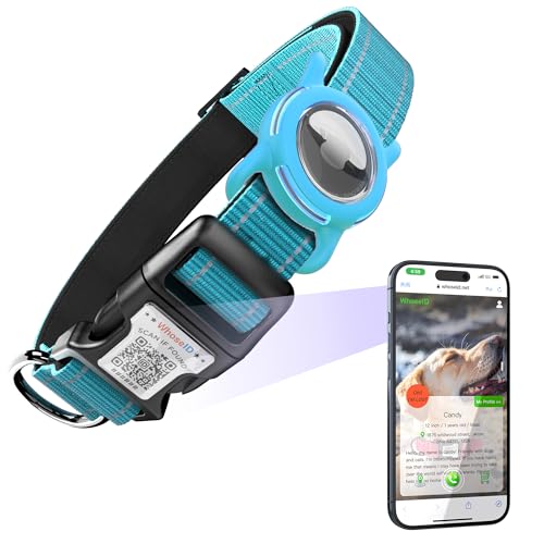 Airtag Hundehalsband mit QR-Code, Reflektierendes Hundehalsband mit Airtag-Halter, Weich Gepolstert & Sicherheitsverriegelungsschnalle, Verstellbares Hundehalsband für Große Hunde (Blau, L mit von WhoseID