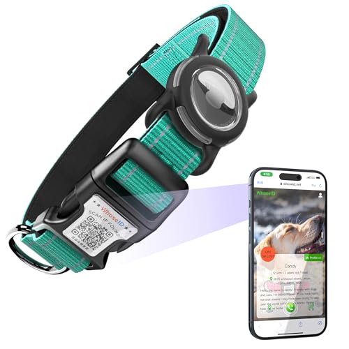 Airtag Hundehalsband mit QR-Code, reflektierendes Hundehalsband mit Airtag-Halter, weich gepolstert & Sicherheitsverriegelungsschnalle, verstellbares Hundehalsband für große Hunde (L-mit von WhoseID