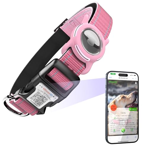 Airtag Hundehalsband mit QR-Code, reflektierendes Hundehalsband mit Airtag-Halter, weich gepolstert & Sicherheitsverriegelungsschnalle, verstellbares Hundehalsband für große Hunde (L-mit von WhoseID