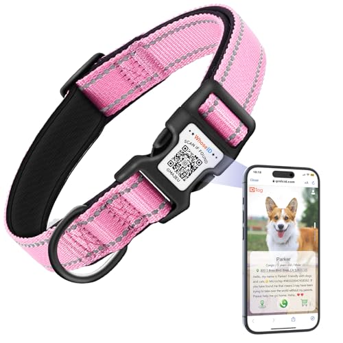 Hundehalsband mit QR-Code & NFC-ID-Tag, reflektierendes Haustierhalsband, weich gepolstert & Sicherheitsverriegelungsschnalle, verstellbares Hundehalsband für große Hunde (Rosa, L) von WhoseID