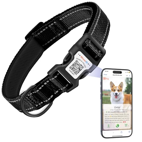 Hundehalsband mit QR-Code & NFC-ID-Tag, reflektierendes Haustierhalsband, weich gepolstert & Sicherheitsverriegelungsschnalle, verstellbares Hundehalsband für große Hunde (Schwarz, L) von WhoseID