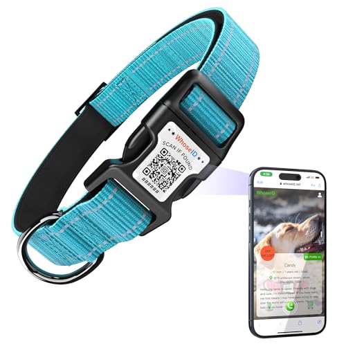 Hundehalsband mit QR-Code, reflektierendes Haustierhalsband, weiches Neopren gepolstert & Sicherheitsverriegelungsschnalle, verstellbares Hundehalsband für kleine Hunde (S,Blau) von WhoseID