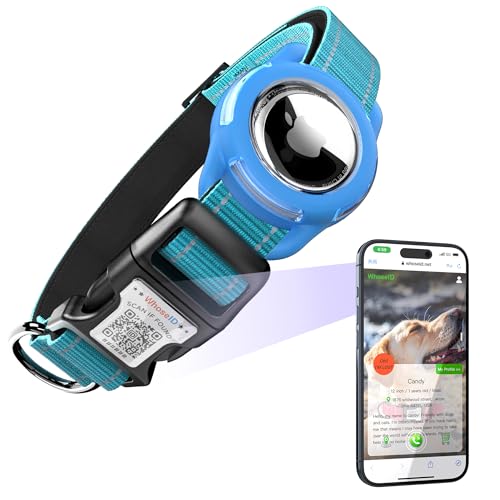 Hundehalsband mit QR-Code & NFC-ID-Tag, reflektierendes Hundehalsband, weich gepolstert & Sicherheitsverriegelungsschnalle, verstellbares Haustierhalsband (Blau, S-mit Airtag-Halterung) von WhoseID