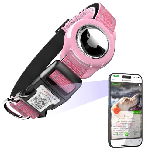 Hundehalsband mit QR-Code & NFC-ID-Tag, reflektierendes Hundehalsband, weich gepolstert & Sicherheitsverriegelungsschnalle, verstellbares Haustierhalsband (Rosa, S-mit Airtag-Halterung) von WhoseID