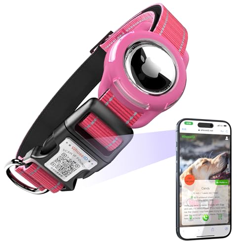 Hundehalsband mit QR-Code & NFC-ID-Tag, reflektierendes Hundehalsband, weich gepolstert & Sicherheitsverriegelungsschnalle, verstellbares Haustierhalsband (Rose, S-mit Airtag-Halterung) von WhoseID