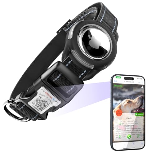 Hundehalsband mit QR-Code & NFC-ID-Tag, reflektierendes Hundehalsband, weich gepolstert & Sicherheitsverriegelungsschnalle, verstellbares Haustierhalsband (Schwarz, S-mit Airtag-Halterung) von WhoseID