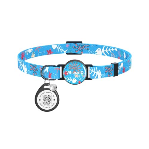 Katzenhalsband mit Glöckchen, Katzenhalsband mit Sicherheitsschnalle, 1,1 cm breit, leicht, verstellbar, QR-Code, Katzenmarke, Katzenhalsband mit Katzen-ID-Tag (Blau, Fisch) von WhoseID