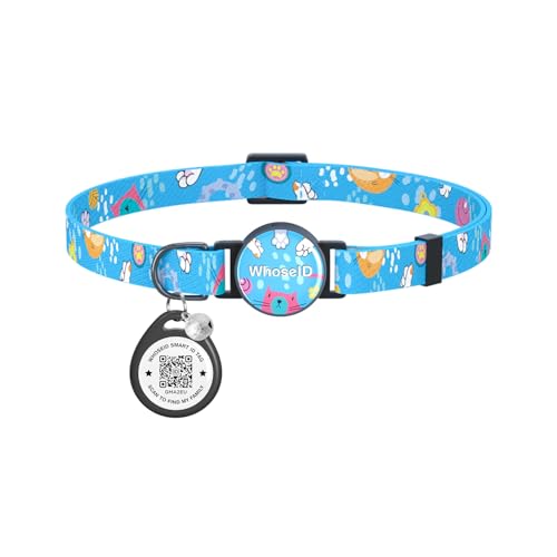 Katzenhalsband mit Glöckchen, Katzenhalsband mit Sicherheitsschnalle, 1,1 cm breit, leicht, verstellbar, QR-Code, Katzenmarke, Katzenhalsband mit Katzen-ID-Tag (Blau, Katze) von WhoseID