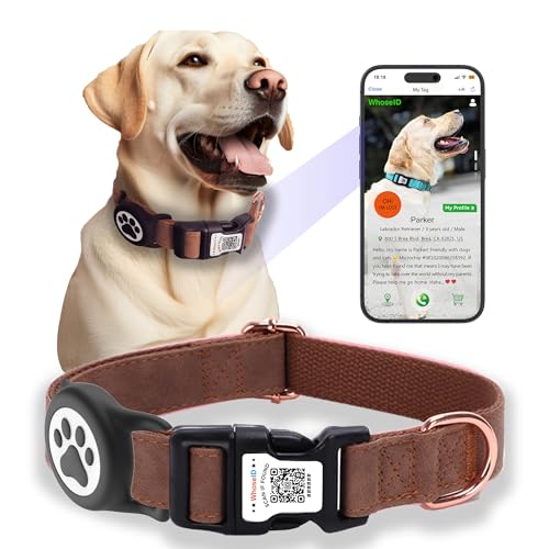 WhoseID Hundehalsband aus Leder mit wasserdichter AirTag-Halterung – QR-Code-Schnalle, verstellbare Länge, passend für große Hunde (Braun, große Hunde) von WhoseID