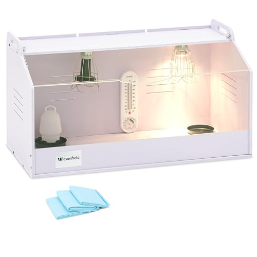 Wiesenfield Kükenaufzuchtbox bis 36 °C 78 x 40 x 42 cm Wärme und Licht regelbar inkl. Tränke Napf Hygienematten Leuchtmittel Thermo- und Hygrometer Flächenbrüter Aufzuchtbox Küken von Wiesenfield