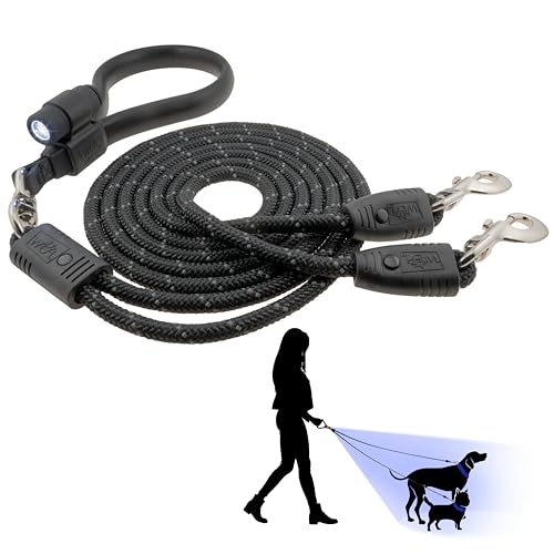 Wigzi Dual Doggie Flex Walk mit LED Zwei Hundeleine, 360 Grad, kein Verheddern, Dicke, langlebige, reflektierende Seile, Silikon, extra weicher Komfortgriff, 1,8 m, Farbe: Schwarz, 2,3 kg - 79,4 kg von Wigzi