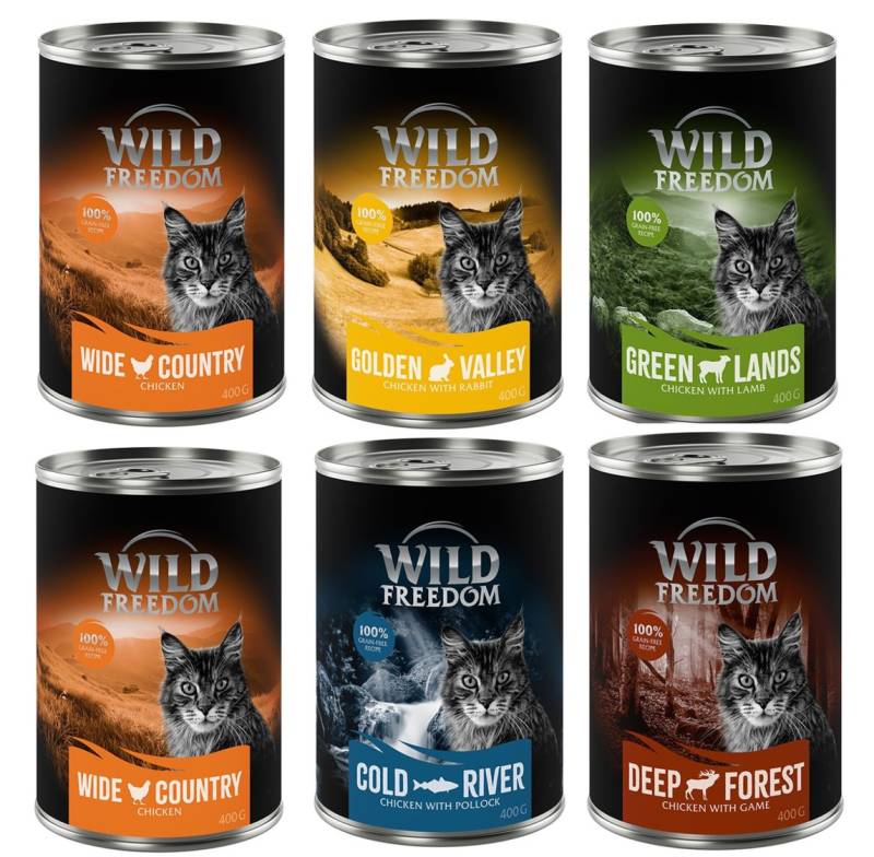 10 € Cyber-Rabatt erbeuten! 24 x 400 g Wild Freedom Nassfutter - Mixpaket 1: 8x Huhn, 4x Seelachs, 4x Lamm, 4x Kaninchen, 4x Wild von Wild Freedom