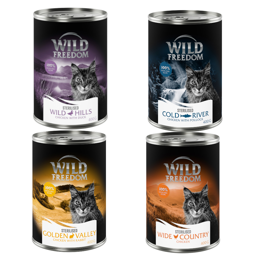 10 € Cyber-Rabatt erbeuten! 24 x 400 g Wild Freedom Nassfutter - Sterilised Mixpaket: 4x Huhn pur, 4x Seelachs, 2x Kaninchen, 2x Ente von Wild Freedom