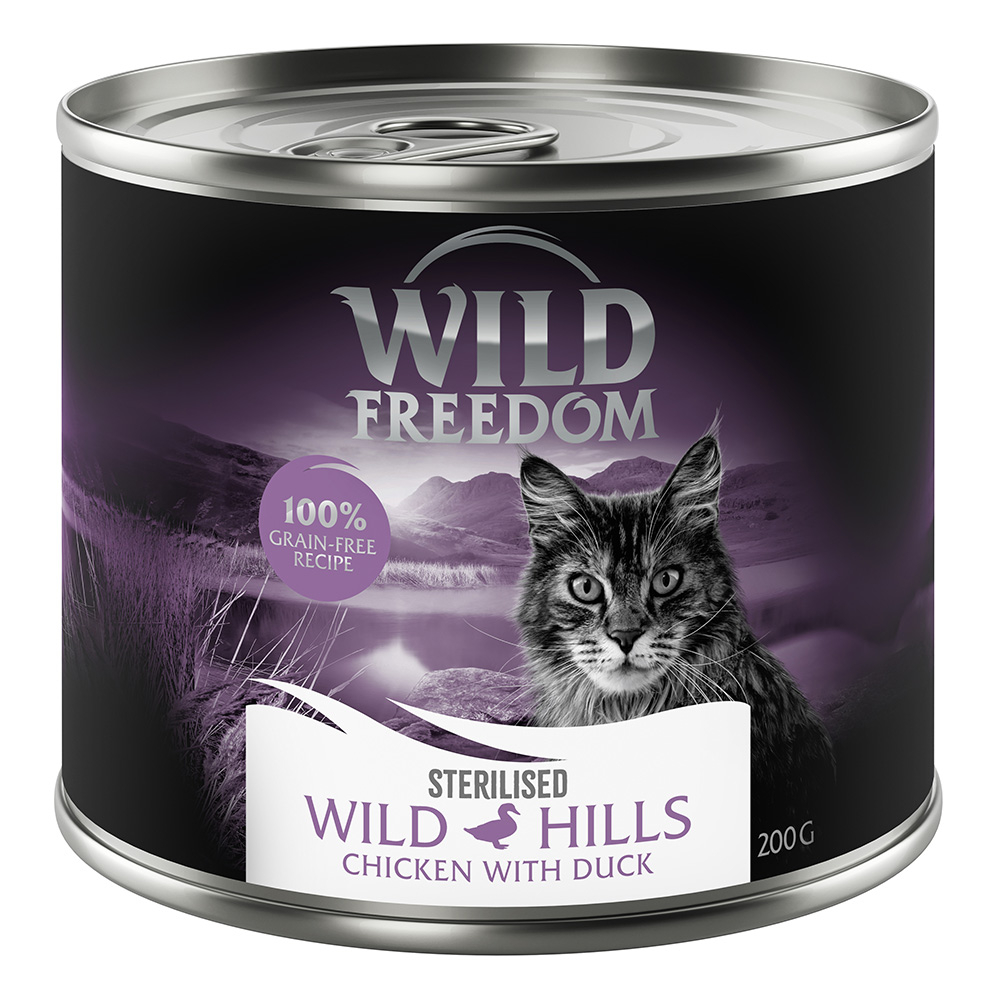 24 x 200 g Wild Freedom + 45 g Hühnerherzen gratis! - Sterilised Wild Hills - Ente & Huhn von Wild Freedom
