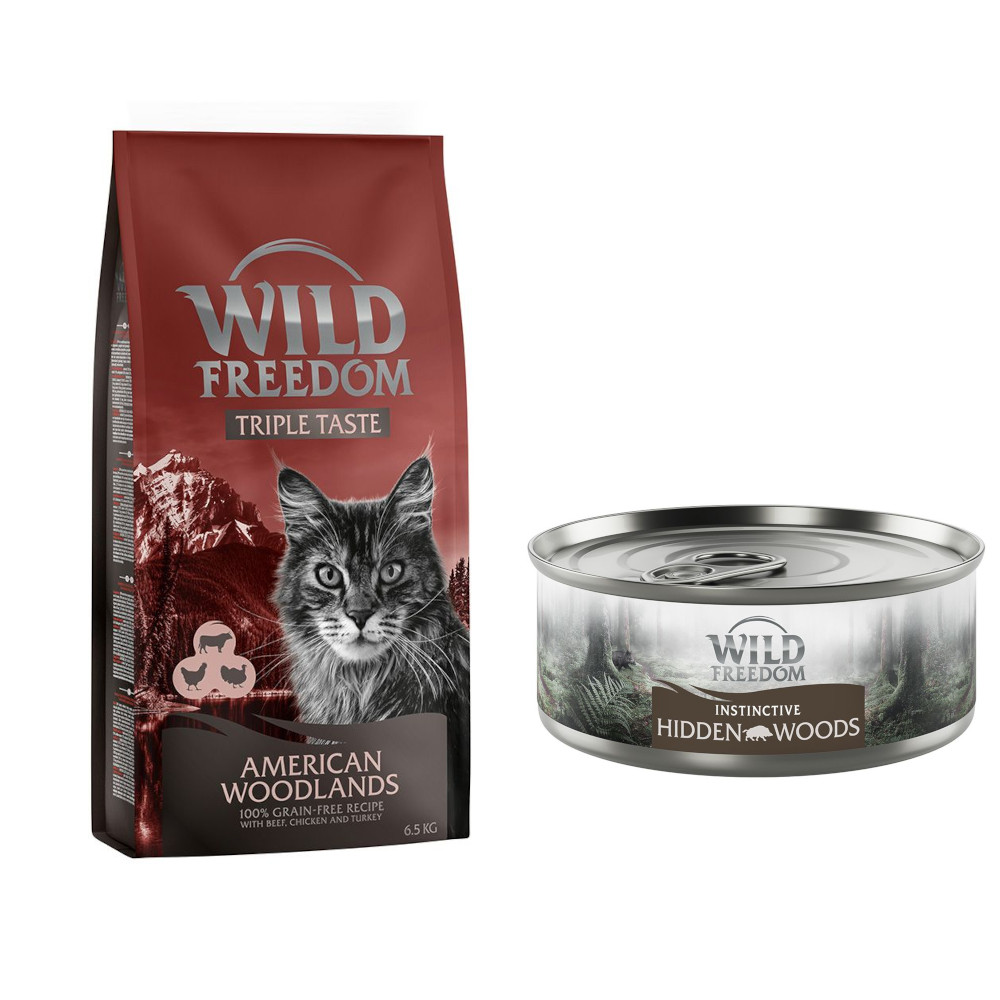 6,5 kg Wild Freedom + 6 x 70 g "Instinctive" Nassfutter zum Sonderpreis! American Woodlands - Rind, Huhn & Truthahn + 6 x 70 g Wildschwein von Wild Freedom