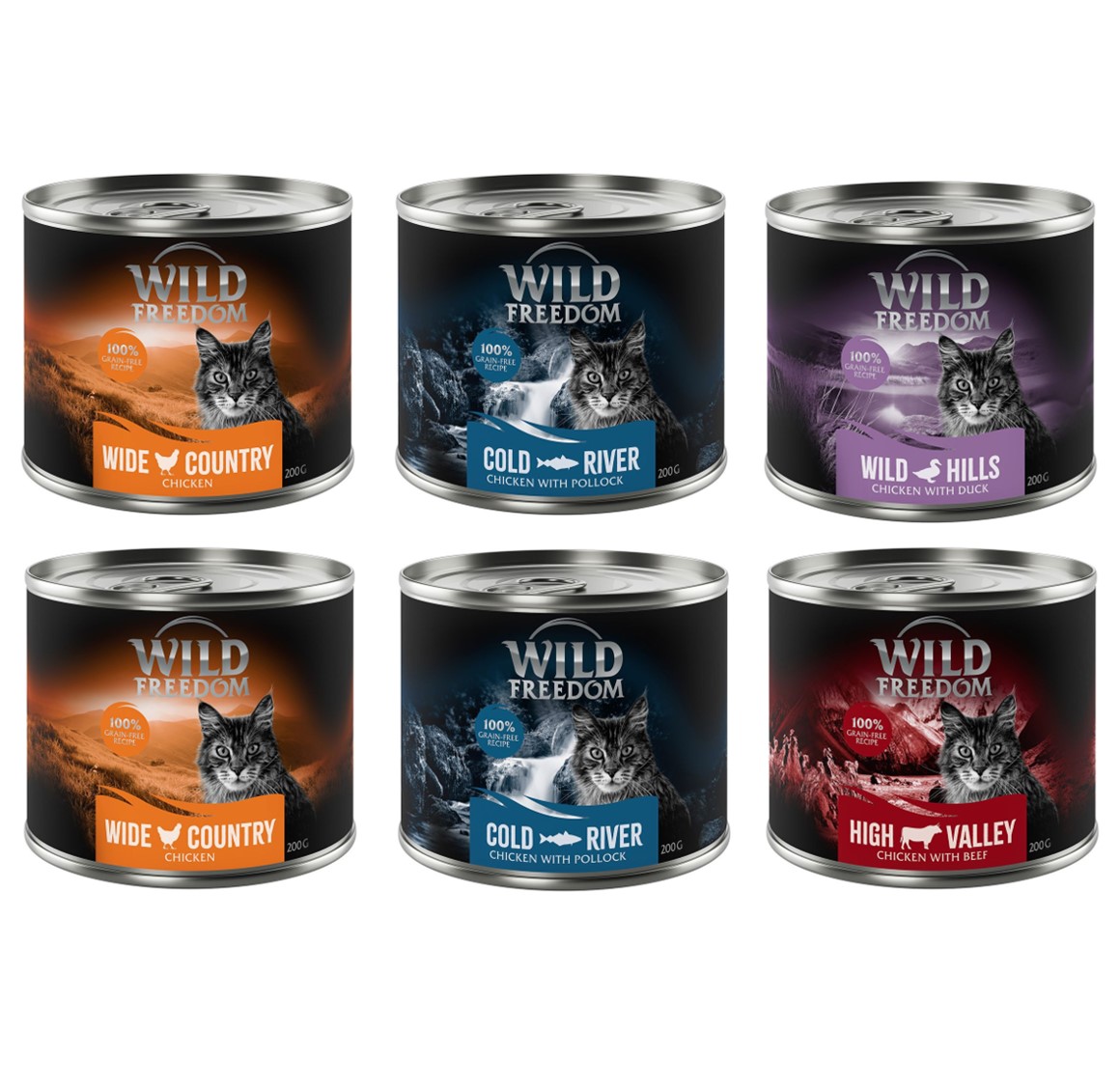 Gemischtes Probierpaket: Wild Freedom Adult - 6 x 200 g: 2x Huhn, 2x Seelachs, Rind, Ente von Wild Freedom