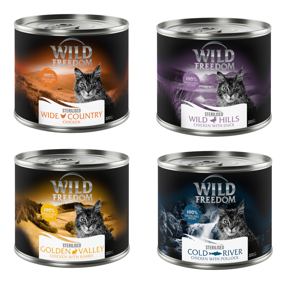 Gemischtes Probierpaket: Wild Freedom Adult - 6 x 200 g Sterilised: 2x Huhn pur, 2x Huhn & Seelachs, 1x Huhn & Kaninchen, 1x Huhn & Ente von Wild Freedom