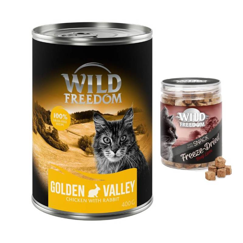 Wild Freedom Kombi-Paket: 24 x 400 g Adult Nassfutter + 3 x 45 g RAW - Golden Valley - Kaninchen & Huhn + Hühnerherzen von Wild Freedom