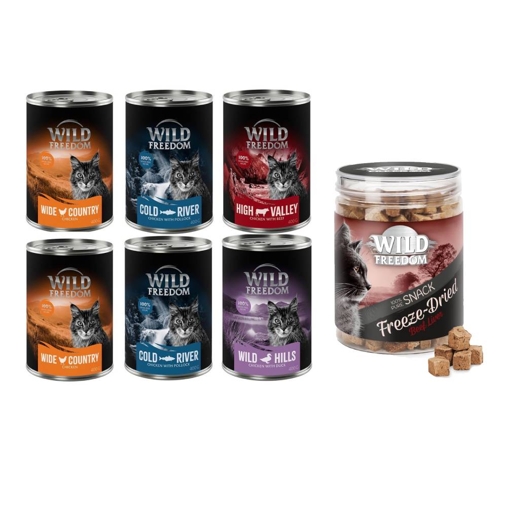 Wild Freedom Kombi-Paket: 24 x 400 g Adult Nassfutter + 3 x 45 g RAW - Mixpaket 2 (Huhn, Seelachs, Rind, Ente) + Hühnerherzen von Wild Freedom