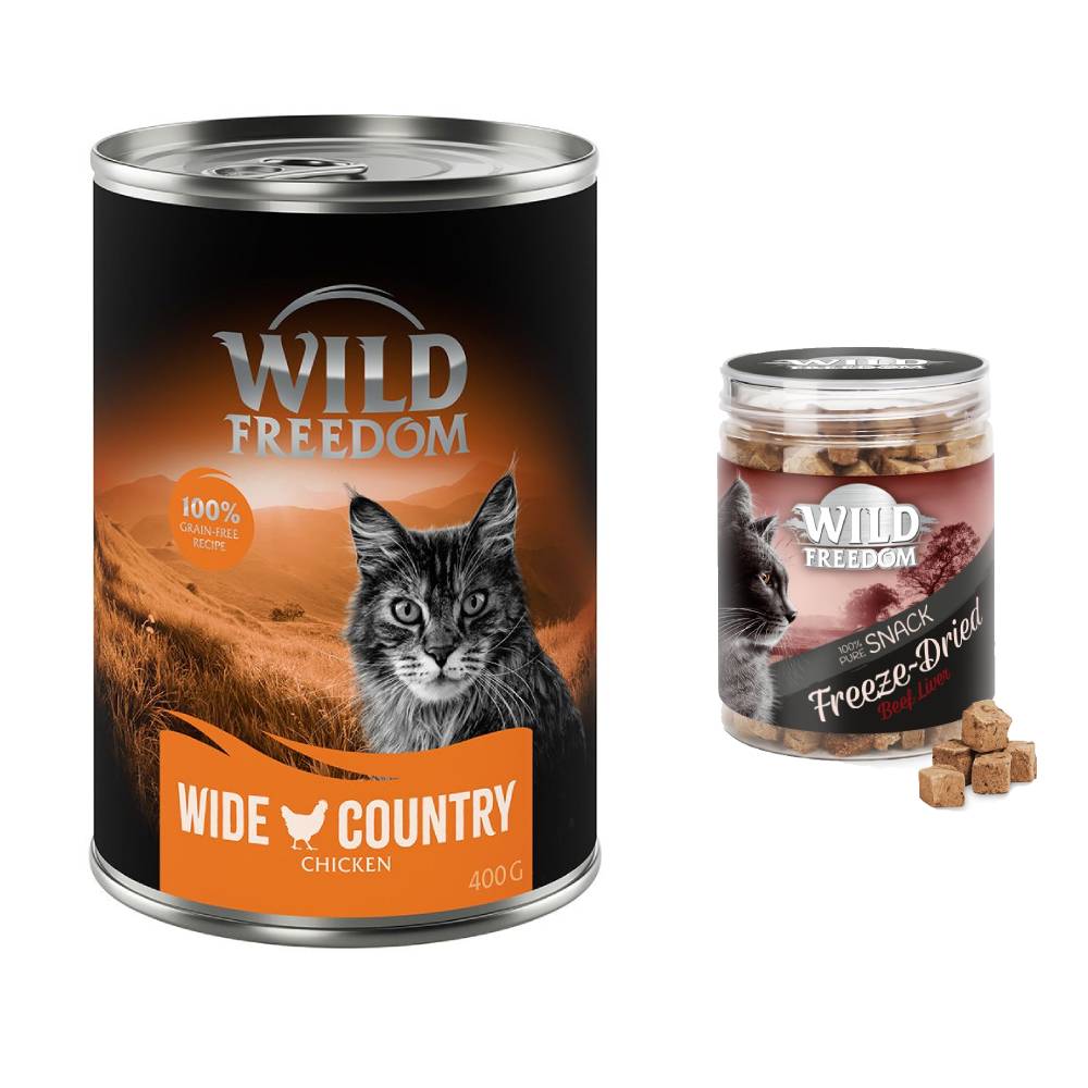 Wild Freedom Kombi-Paket: 24 x 400 g Adult Nassfutter + 3 x 45 g RAW - Sterilised: Mixpaket 3 (Huhn pur, Seelachs, Kaninchen, Ente) + Hühnerherzen von Wild Freedom