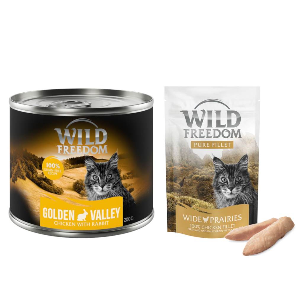 Wild Freedom Kombi-Paket: Adult Nassfutter + Filet Snacks - 24 x 200 g Golden Valley: Kaninchen & Huhn + 3 x 100 g Hühnerfilet von Wild Freedom