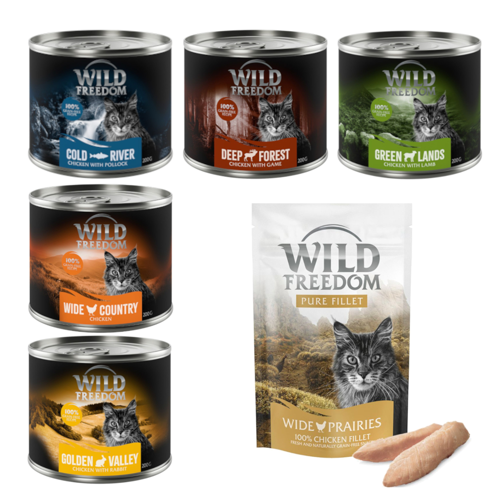 Wild Freedom Kombi-Paket: Adult Nassfutter + Filet Snacks - 24 x 200 g Mixpaket 1 (Huhn, Seelachs, Lamm, Kaninchen, Wild) + 3 x 100 g Hühnerfilet von Wild Freedom