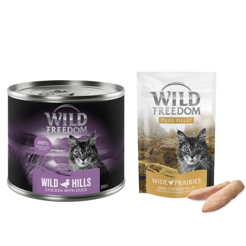 Wild Freedom Kombi-Paket: Adult Nassfutter + Filet Snacks - 24 x 200 g Wild Hills: Ente & Huhn + 3 x 100 g Hühnerfilet von Wild Freedom