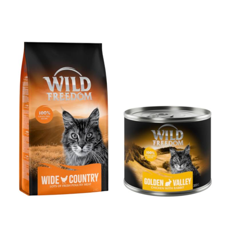 Wild Freedom Kombi-Paket: Adult Nassfutter + "Wide Country" Trockenfutter - 24 x 200 g Golden Valley: Kaninchen & Huhn + 2 x 2 kg Geflügel von Wild Freedom