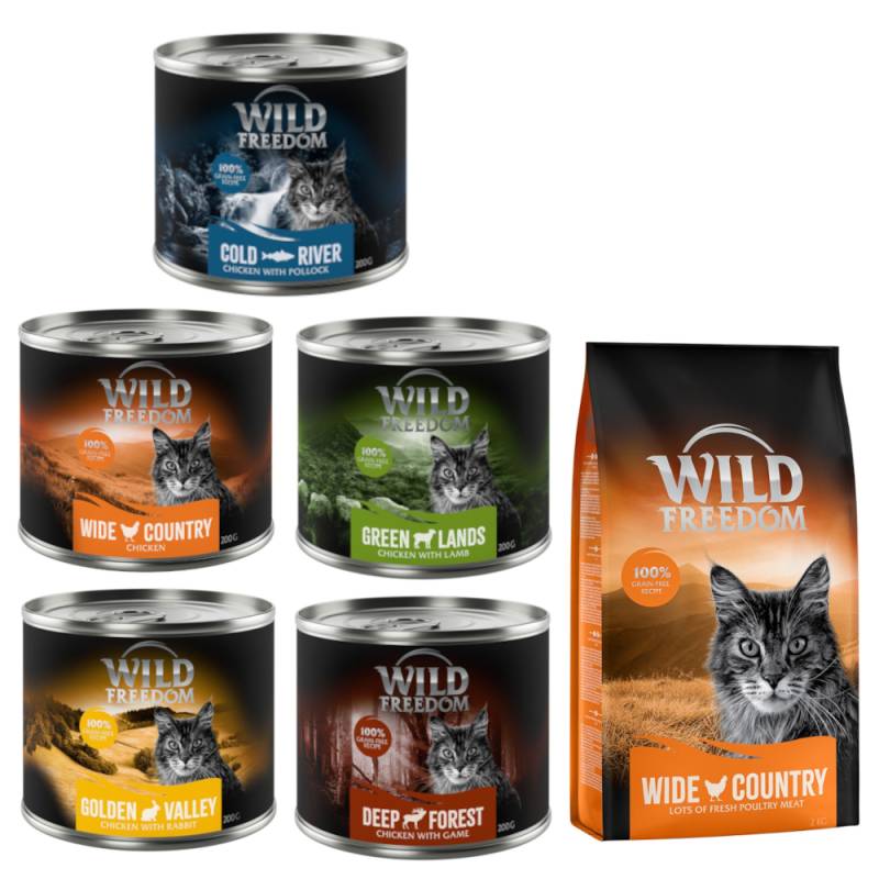 Wild Freedom Kombi-Paket: Adult Nassfutter + "Wide Country" Trockenfutter - 24 x 200 g Mixpaket 1 (Huhn, Seelachs, Lamm, Kaninchen, Wild) + 2 x 2 kg Geflügel von Wild Freedom