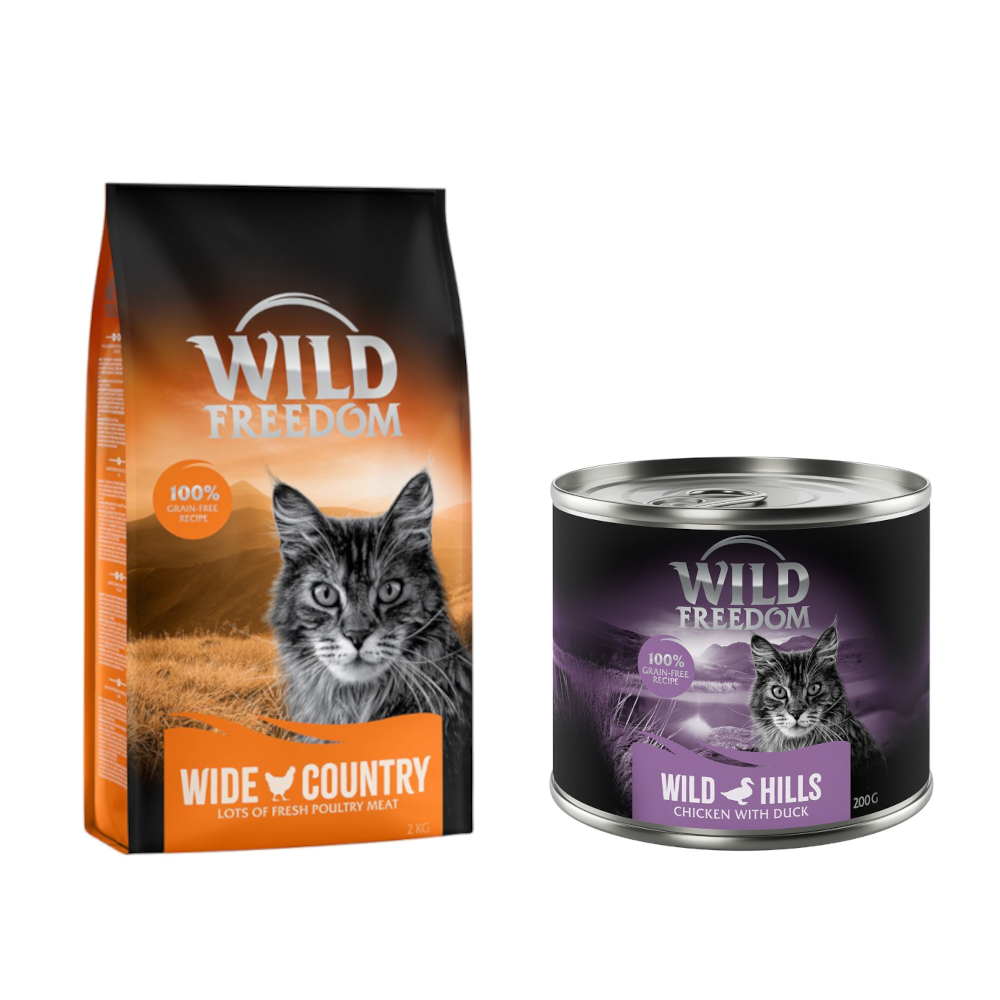 Wild Freedom Kombi-Paket: Adult Nassfutter + "Wide Country" Trockenfutter - 24 x 200 g Wild Hills: Ente & Huhn + 2 x 2 kg Geflügel von Wild Freedom