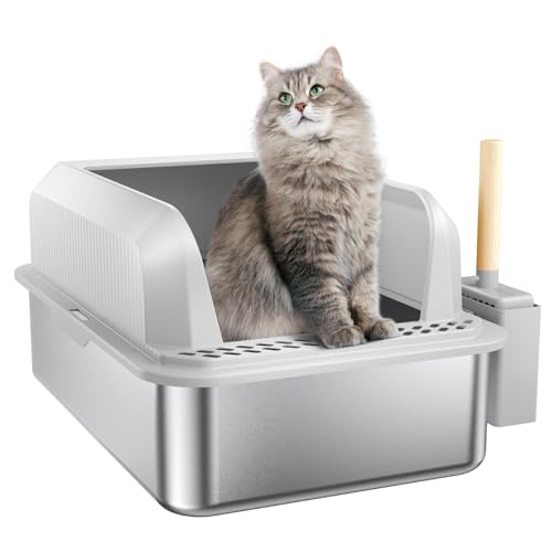 Katzenklo Edelstahl XXL, Katzentoilette 28L Katzenklo Groß mit Katzenstreuschaufel und Doppelschicht Matte, Auslaufsichere XXL Litter Box 60 x 40 x30cm von WildFun