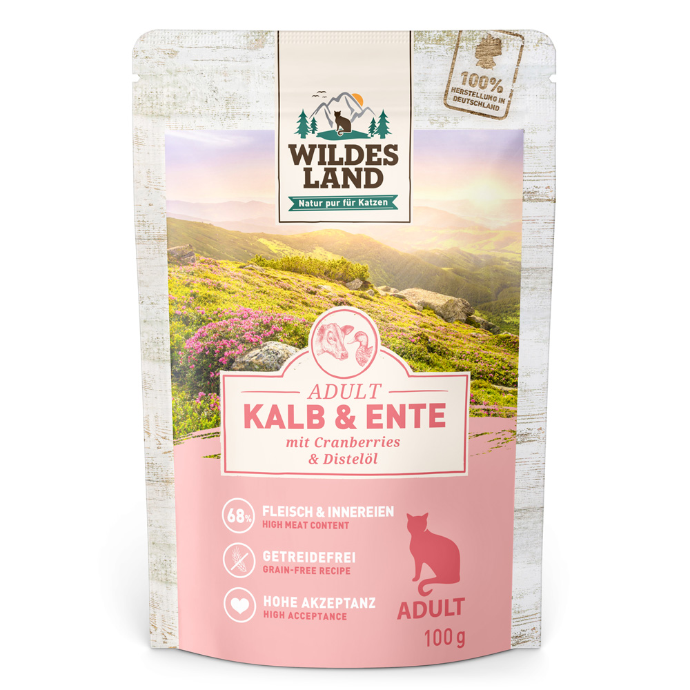 Sparpaket Wildes Land Cat 24 x 100 g - Kalb & Ente mit Cranberries von Wildes Land