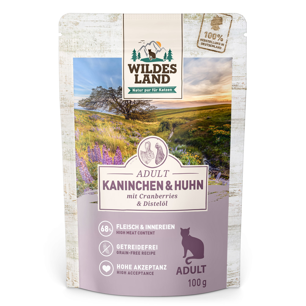 Sparpaket Wildes Land Cat 24 x 100 g - Kaninchen & Huhn mit Cranberries von Wildes Land