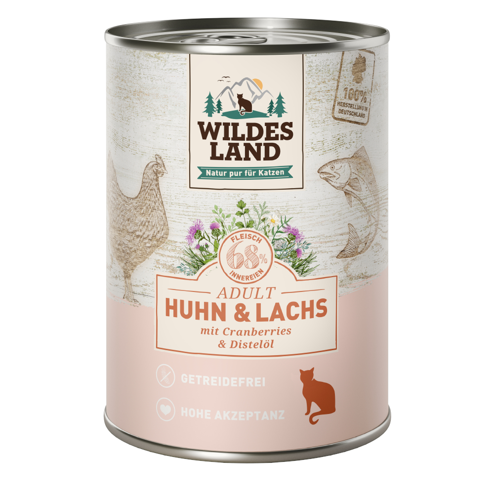 Wildes Land Adult Cat 6 x 400 g - Huhn & Lachs mit Cranberries von Wildes Land