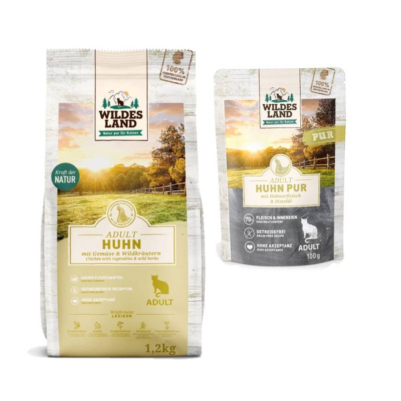 Wildes Land Cat Kombi-Paket: 12 x 100 g Nassfutter + 1,2 kg Trockenfutter - Huhn PUR mit Distelöl 12 x 100 g + Huhn & Gartengemüse 1,2 kg von Wildes Land