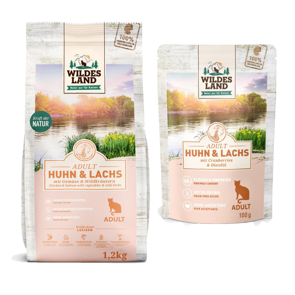 Wildes Land Cat Kombi-Paket: 12 x 100 g Nassfutter + 1,2 kg Trockenfutter - Huhn & Lachs mit Cranberries 12 x 100 g  + Huhn, Lachs & Gartengemüse 1,2 kg von Wildes Land