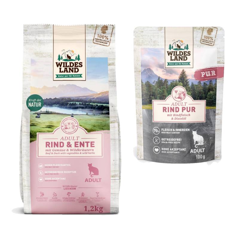 Wildes Land Cat Kombi-Paket: 12 x 100 g Nassfutter + 1,2 kg Trockenfutter - Rind PUR mit Distelöl 12 x 100 g + Rind, Ente & Gartengemüse 1,2 kg von Wildes Land