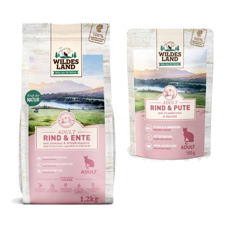 Wildes Land Cat Kombi-Paket: 12 x 100 g Nassfutter + 1,2 kg Trockenfutter - Rind & Pute mit Cranberries 12 x 100 g + Rind, Ente & Gartengemüse 1,2 kg von Wildes Land