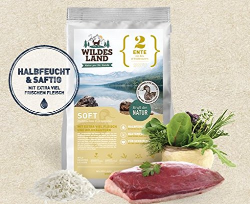 Wildes Land - Halbfeuchtes Trockenfutter für Hunde - Nr. 2 Ente - 5000 g - mit Reis und Wildkräutern - Glutenfrei - Extra viel Fleisch - Soft Für alle Hunderassen - Beste Akzeptanz und Verträglichkeit von WILDES LAND